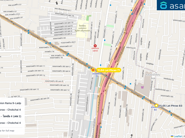 Map of condo projects near YL04 Lat Phrao 71 station. Nearest projects are Baan Klang Muang Urbanion Rama 9-Ladprao 1.1 km, Chewathai Hallmark Ladprao - Chokchai 4 Phase 2 1.2 km, ชีวาทัย ฮอลล์มาร์ค ลาดพร้าว - โชคชัย 4 (เฟส 2) 1.2 km, Chewathai Hallmark Ladprao - Chokchai 4 1.2 km. Visit asanha.com/map for the full map