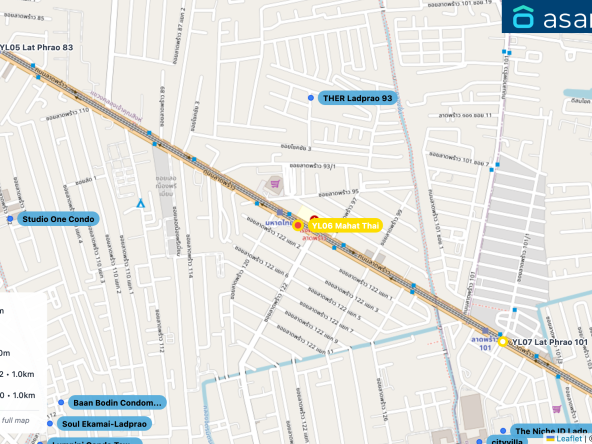 Map of condo projects near YL06 Mahat Thai station. Nearest projects are THER Ladprao 93 449 m, cityvilla 996 m, Studio One Condo 1000 m, Feel Condo Lat Phrao 122 1.0 km, The Niche ID Ladprao 130 1.0 km. Visit asanha.com/map for the full map