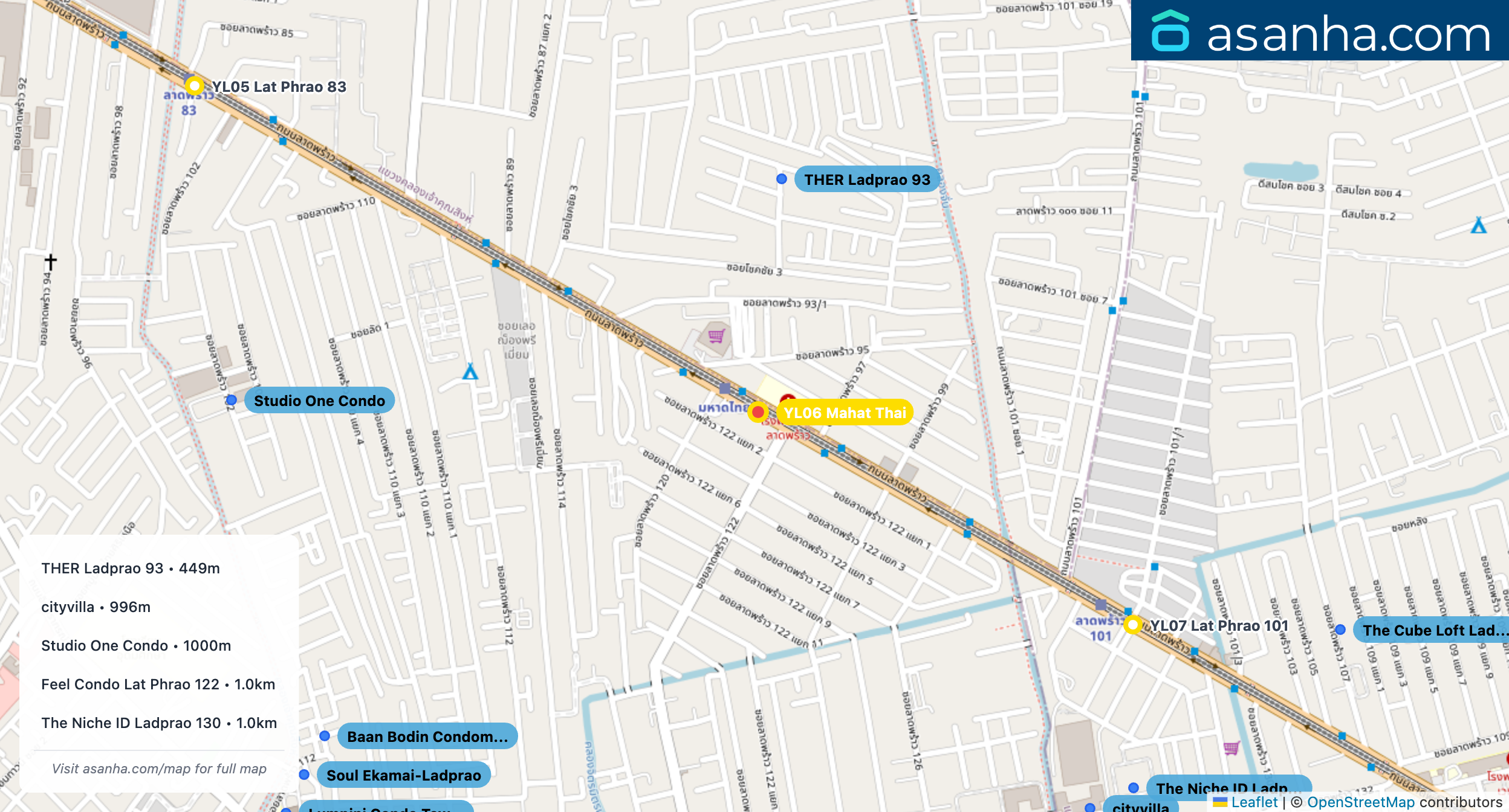 Map of condo projects near YL06 Mahat Thai station. Nearest projects are THER Ladprao 93 449 m, cityvilla 996 m, Studio One Condo 1000 m, Feel Condo Lat Phrao 122 1.0 km, The Niche ID Ladprao 130 1.0 km. Visit asanha.com/map for the full map