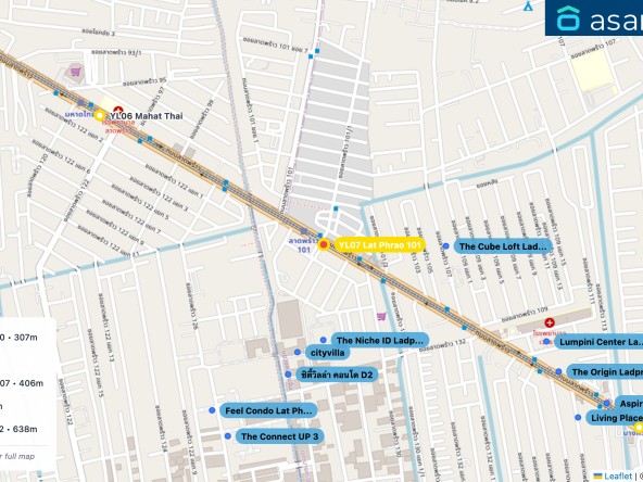Map of condo projects near YL07 Lat Phrao 101 station. Nearest projects are The Niche ID Ladprao 130 307 m, cityvilla 354 m, The Cube Loft Ladprao 107 406 m, ซิตี้วิลล่า คอนโด D2 429 m, Feel Condo Lat Phrao 122 638 m. Visit asanha.com/map for the full map