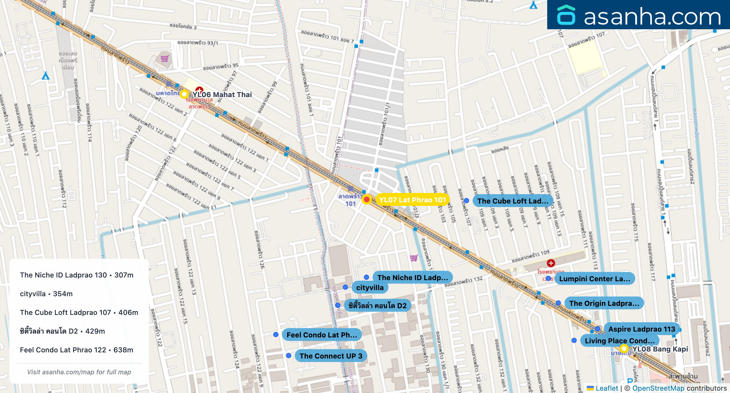 Map of condo projects near YL07 Lat Phrao 101 station. Nearest projects are The Niche ID Ladprao 130 307 m, cityvilla 354 m, The Cube Loft Ladprao 107 406 m, ซิตี้วิลล่า คอนโด D2 429 m, Feel Condo Lat Phrao 122 638 m. Visit asanha.com/map for the full map