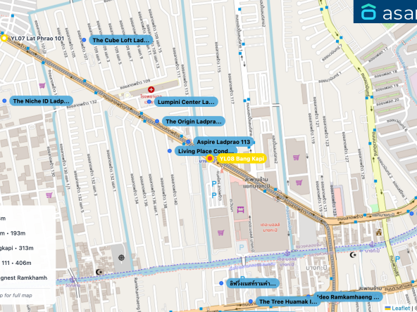 Map of condo projects near YL08 Bang Kapi station. Nearest projects are Aspire Ladprao 113 128 m, Living Place Condominium 193 m, The Origin Ladprao-Bangkapi 313 m, Lumpini Center Lad Prao 111 406 m, ลิฟวิ่งเนสท์รามคำแหง -Livingnest Ramkhamhaeng 623 m. Visit asanha.com/map for the full map