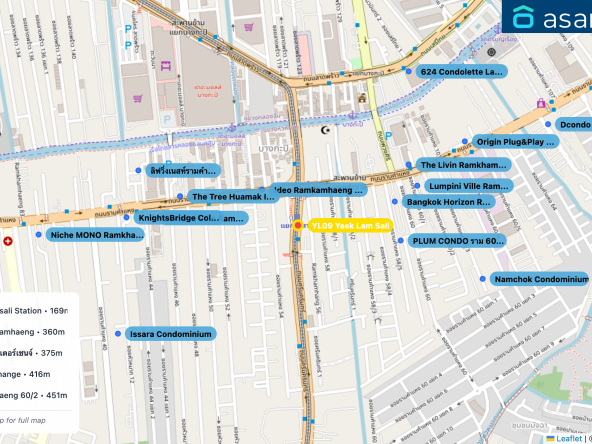 Map of condo projects near YL09 Yaek Lam Sali station. Nearest projects are Ideo Ramkamhaeng Lamsali Station 169 m, Bangkok Horizon Ramkhamhaeng 360 m, PLUM CONDO ราม 60 อินเตอร์เชนจ์ 375 m, The Tree Huamak Interchange 416 m, Lumpini Ville Ramkhamhaeng 60/2 451 m. Visit asanha.com/map for the full map