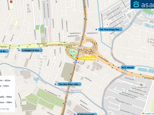Map of condo projects near YL10 Si Kritha station. Nearest projects are The One Plus+ @Srinakarin 452 m, The Fourwings Residence 470 m, M.S. House 579 m, ดิ ไอริส (พระราม9 - ศรีนครินทร์) 760 m, U Delight​ @ Hua Mak Station​ 789 m. Visit asanha.com/map for the full map