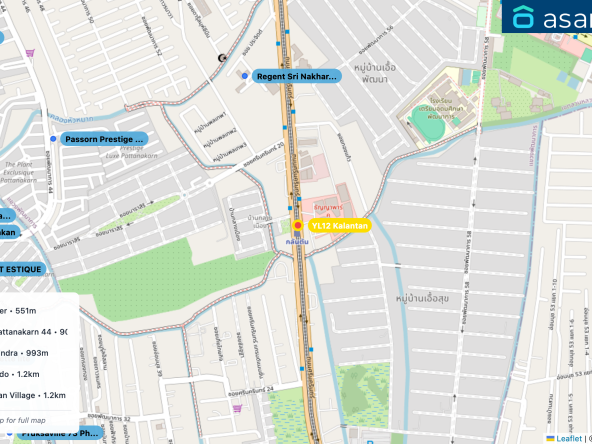 Map of condo projects near YL12 Kalantan station. Nearest projects are Regent Sri Nakharin Tower 551 m, Passorn Prestige Luxe Pattanakarn 44 903 m, ASAKAN Tower Srinagarindra 993 m, Prima Srinagarindra Condo 1.2 km, Noble Thara Phatthanakan Village 1.2 km. Visit asanha.com/map for the full map