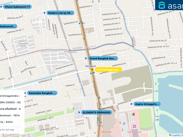 Map of condo projects near YL14 Srinagarindra 38 station. Nearest projects are Grand Bangkok Boulevard Srinagarindra 140 m, ELEMENTS SRINAGARINDRA CONDO 503 m, Aspire Srinagarindra แอสปาย ศรีนครินทร์ 602 m, Sawasdee Bangkok Condominium 797 m, Modern Life by SP Property 832 m. Visit asanha.com/map for the full map