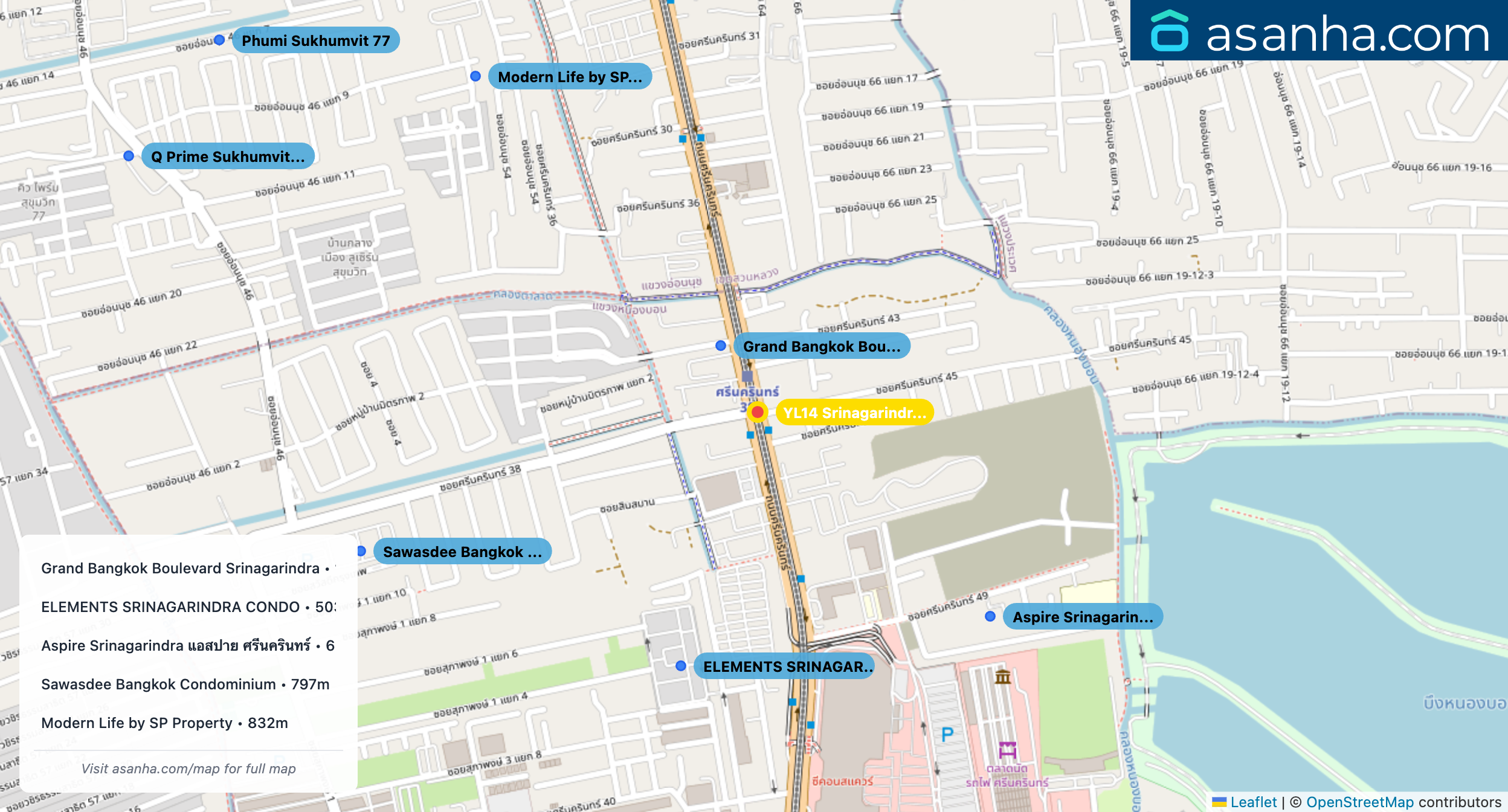 Map of condo projects near YL14 Srinagarindra 38 station. Nearest projects are Grand Bangkok Boulevard Srinagarindra 140 m, ELEMENTS SRINAGARINDRA CONDO 503 m, Aspire Srinagarindra แอสปาย ศรีนครินทร์ 602 m, Sawasdee Bangkok Condominium 797 m, Modern Life by SP Property 832 m. Visit asanha.com/map for the full map