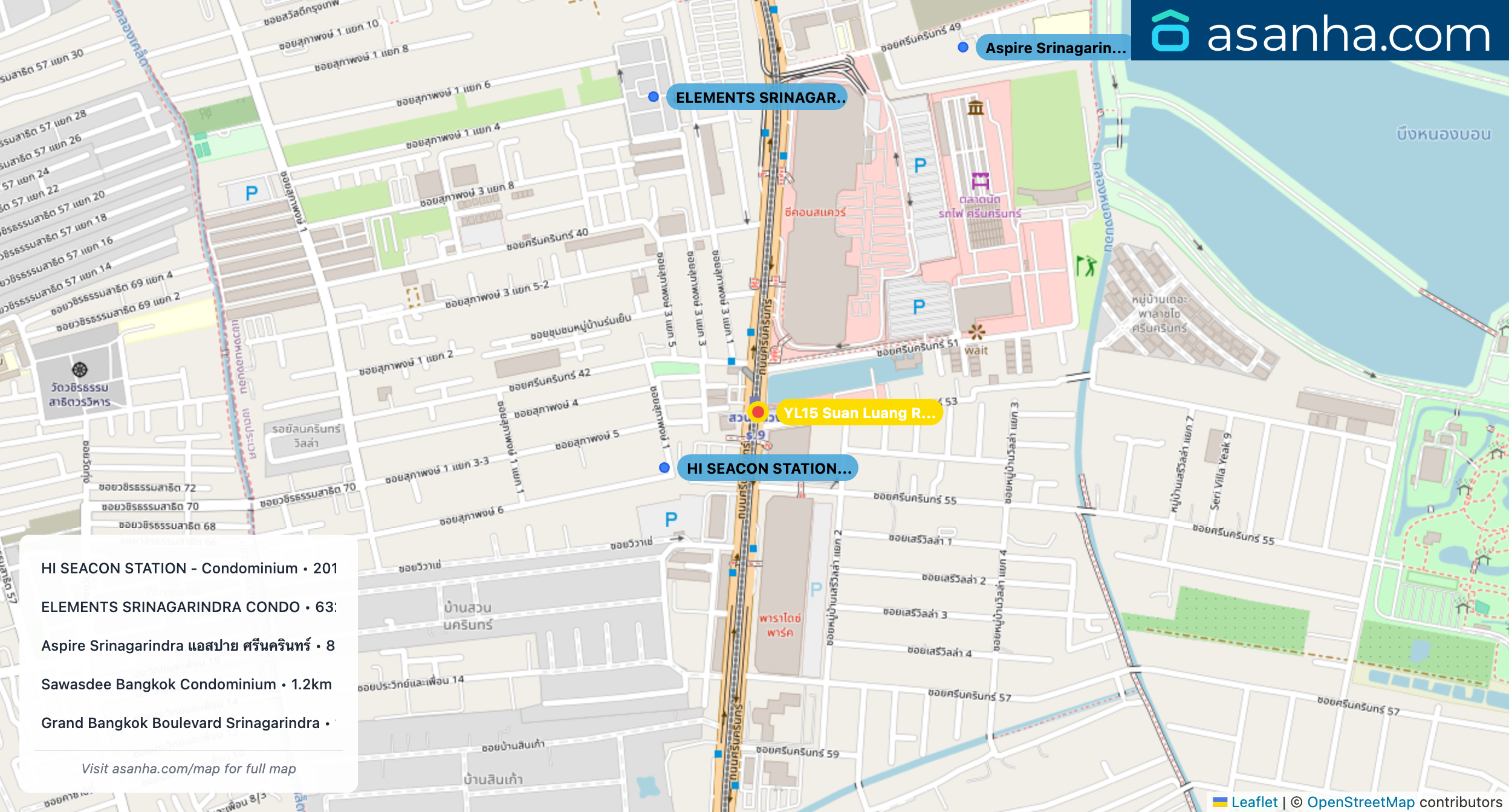 Map of condo projects near YL15 Suan Luang Rama IX station. Nearest projects are HI SEACON STATION - Condominium 201 m, ELEMENTS SRINAGARINDRA CONDO 632 m, Aspire Srinagarindra แอสปาย ศรีนครินทร์ 804 m, Sawasdee Bangkok Condominium 1.2 km, Grand Bangkok Boulevard Srinagarindra 1.2 km. Visit asanha.com/map for the full map