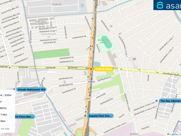 Map of condo projects near YL16 Si Udom station. Nearest projects are Supalai Park Srinagarindra 535 m, The Key Udomsuk 845 m, iCondo Sukhumvit 103 907 m, Lumpini Place Bang Na 1.1 km, The Parkland Bangna 1.3 km. Visit asanha.com/map for the full map