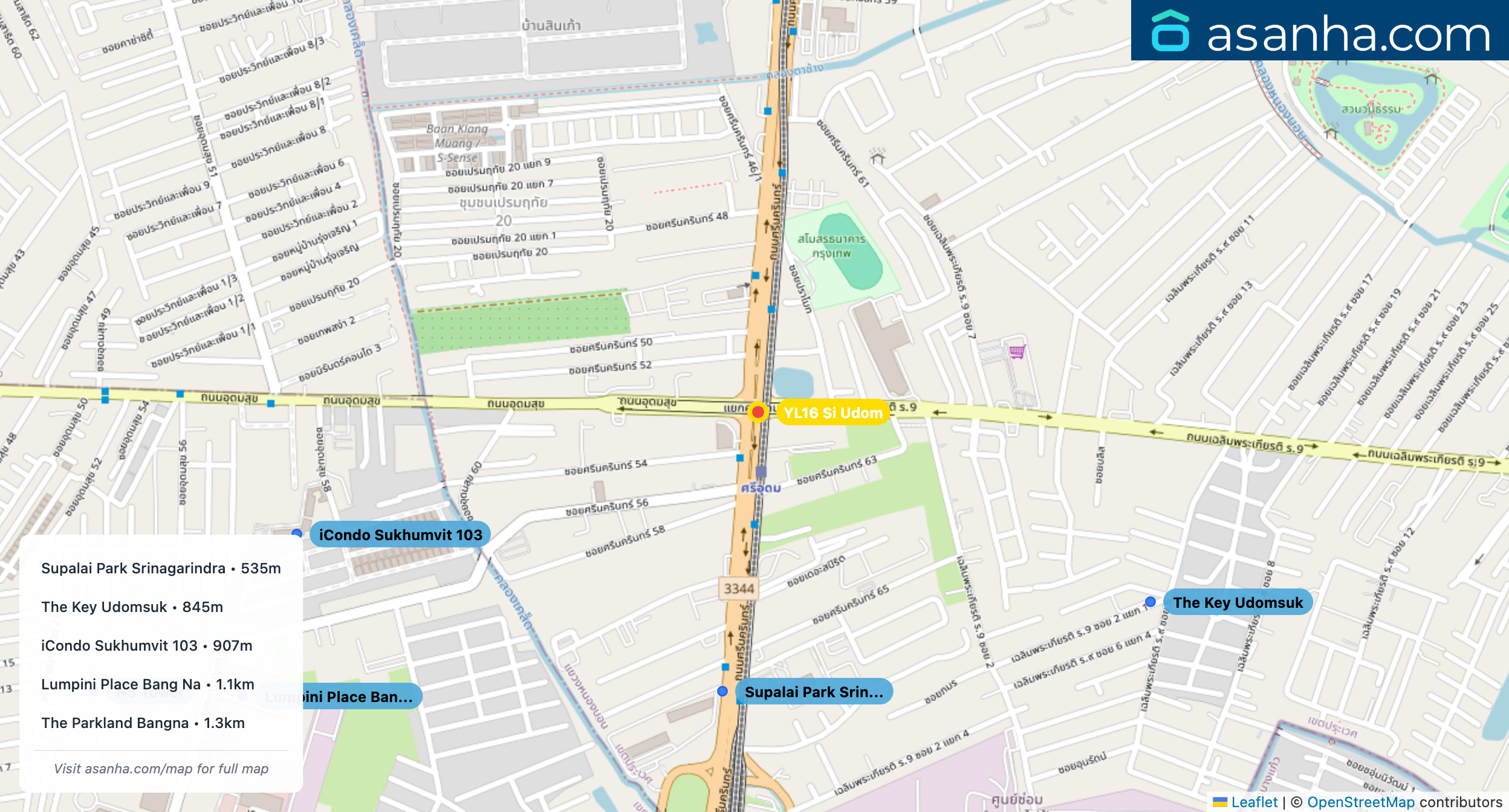 Map of condo projects near YL16 Si Udom station. Nearest projects are Supalai Park Srinagarindra 535 m, The Key Udomsuk 845 m, iCondo Sukhumvit 103 907 m, Lumpini Place Bang Na 1.1 km, The Parkland Bangna 1.3 km. Visit asanha.com/map for the full map