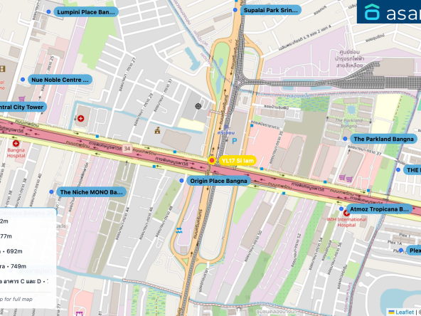 Map of condo projects near YL17 Si Iam station. Nearest projects are Origin Place Bangna 172 m, The Parkland Bangna 677 m, Atmoz Tropicana Bangna 692 m, Supalai Park Srinagarindra 749 m, The Niche MONO Bangna อาคาร C และ D 798 m. Visit asanha.com/map for the full map