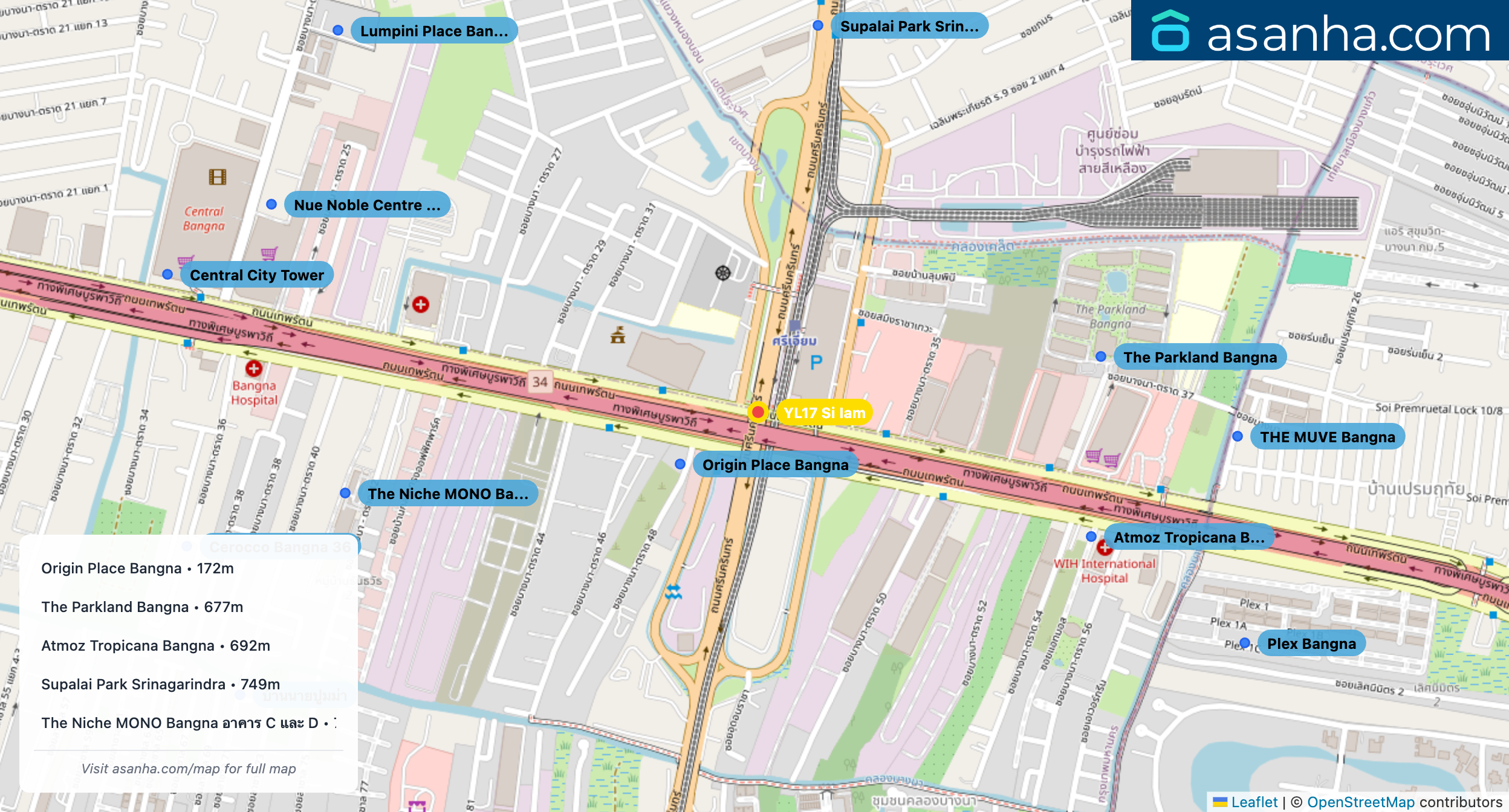Map of condo projects near YL17 Si Iam station. Nearest projects are Origin Place Bangna 172 m, The Parkland Bangna 677 m, Atmoz Tropicana Bangna 692 m, Supalai Park Srinagarindra 749 m, The Niche MONO Bangna อาคาร C และ D 798 m. Visit asanha.com/map for the full map