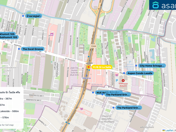 Map of condo projects near YL18 Si La Salle station. Nearest projects are NUE Noble Srinakarin Lasalle นิว โนเบิล ศรีนครินทร์ – ลาซาล 306 m, The Parkland Srinagarindra 367 m, Aspen Condo Lasalle 437 m, The Parkland Srinakarin Lakeside 566 m, City Home Srinagarindra 576 m. Visit asanha.com/map for the full map