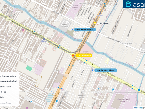 Map of condo projects near YL21 Si Thepha station. Nearest projects are Lumpini Mixx Thepharak - Srinagarindra 361 m, Sena Kith Srinakarin-Sridan เสนาคิทท์ ศรีนครินทร์-ศรีด่าน 368 m, Origin Plug & Play Srinakarin 1.3 km, Pruksa Ville 87 Teparak 1.4 km, Supalai Ville Bearing 1.5 km. Visit asanha.com/map for the full map