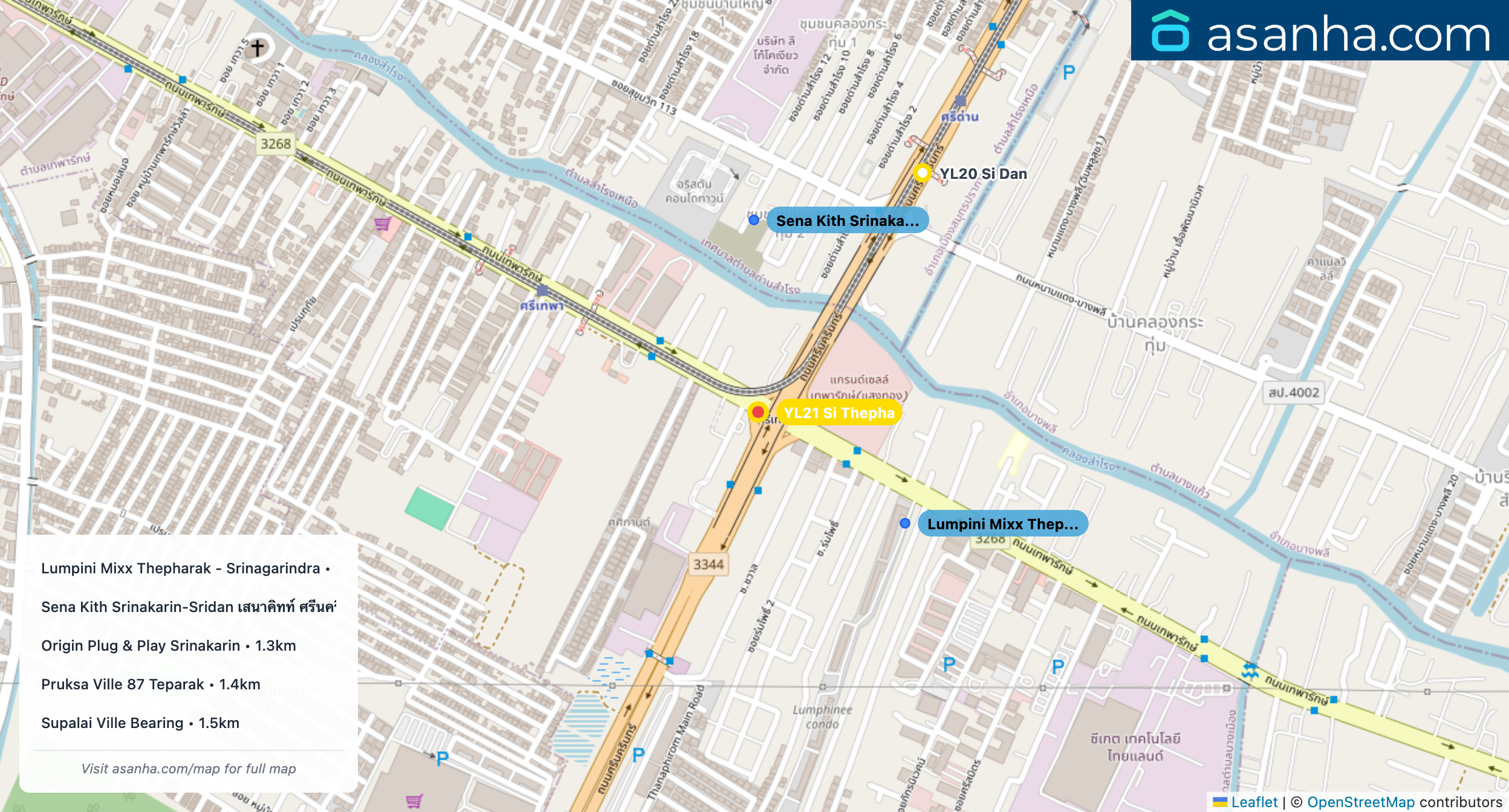 Map of condo projects near YL21 Si Thepha station. Nearest projects are Lumpini Mixx Thepharak - Srinagarindra 361 m, Sena Kith Srinakarin-Sridan เสนาคิทท์ ศรีนครินทร์-ศรีด่าน 368 m, Origin Plug & Play Srinakarin 1.3 km, Pruksa Ville 87 Teparak 1.4 km, Supalai Ville Bearing 1.5 km. Visit asanha.com/map for the full map