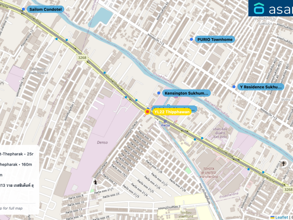 Map of condo projects near YL22 Thipphawan station. Nearest projects are Knightsbridge Sukhumvit-Thepharak 25 m, Kensington Sukhumvit-Thepharak 160 m, PURIO Townhome 603 m, Y Residence Sukhumvit 113 วาย เรสซิเด้นท์ สุขุมวิท 113 647 m, Sailom Condotel 1.1 km. Visit asanha.com/map for the full map