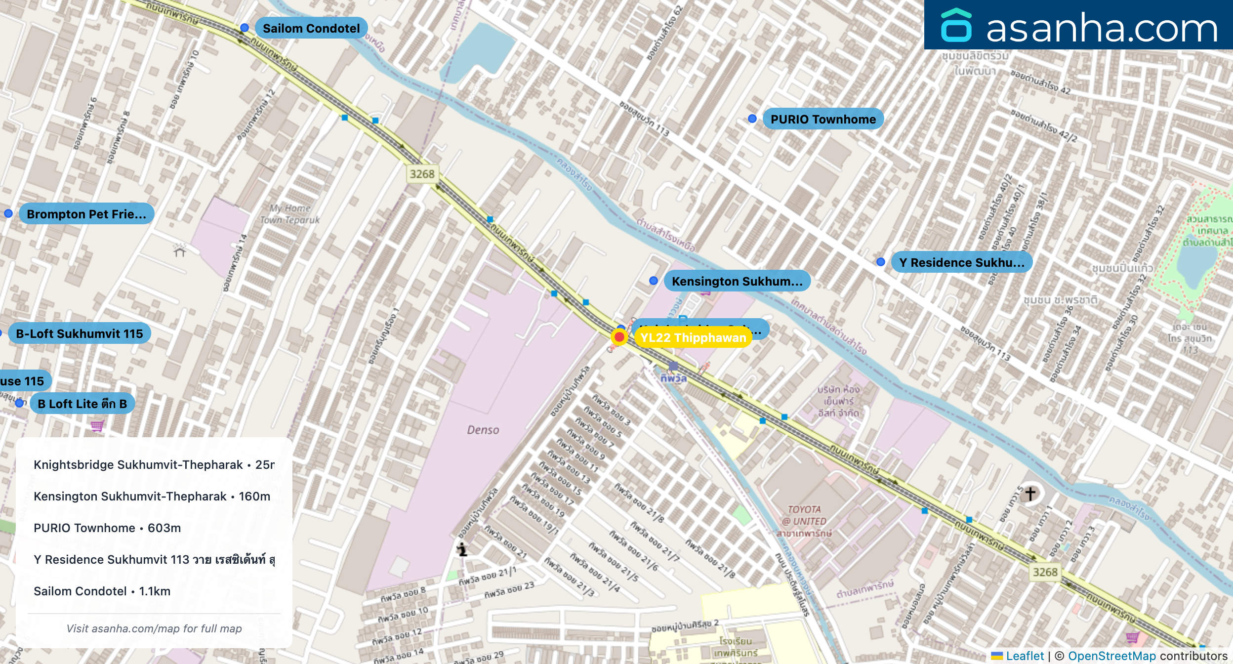 Map of condo projects near YL22 Thipphawan station. Nearest projects are Knightsbridge Sukhumvit-Thepharak 25 m, Kensington Sukhumvit-Thepharak 160 m, PURIO Townhome 603 m, Y Residence Sukhumvit 113 วาย เรสซิเด้นท์ สุขุมวิท 113 647 m, Sailom Condotel 1.1 km. Visit asanha.com/map for the full map